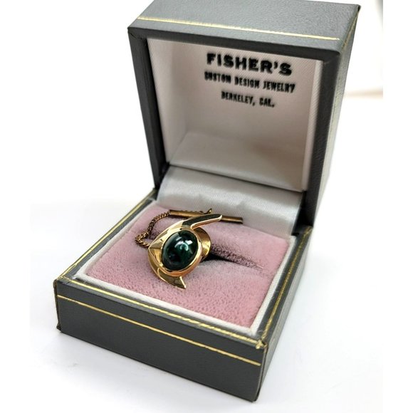 14k Yellow Gold Malachite Angel Fish Tie Tack Pin Vintage Artisan Made CT409 - Picture 6 of 16